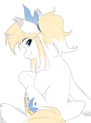 Size: 2300x3122 | Tagged: safe, artist:redchetgreen, derpibooru import, oc, unnamed oc, unofficial characters only, pony, unicorn, bangs, blue eyes, colored, ear fluff, ear markings, eyebrows, eyebrows visible through hair, eyelashes, feather, flat colors, grin, head turn, head turned, high res, hoof fluff, hoof on chest, hooves, horn, horn markings, image, leg fluff, lidded eyes, long bangs, looking at you, looking back, looking back at you, png, rear view, scrunchie, short horn, sidebangs, signature, simple background, sitting, slim, smiling, smiling at you, solo, spine, tail, teeth, thin, two toned mane, two toned tail, underhoof, unicorn oc, unshorn fetlocks, white background, white coat