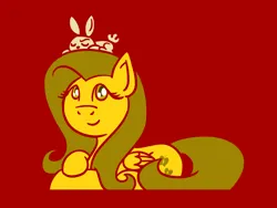 Size: 1800x1350 | Tagged: safe, artist:flutterluv, derpibooru import, angel bunny, fluttershy, pegasus, pony, rabbit, animal, duo, image, jpeg, limited palette, lunar new year, lying down, on head, prone, red background, simple background