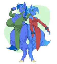 Size: 1600x1800 | Tagged: suggestive, artist:ramudey, derpibooru import, oc, oc:crystal sprint, oc:quartz axiom, unofficial characters only, anthro, unicorn, androgynous, big breasts, blue mane, breasts, brother and sister, duo, female, flexing, green eyes, horn, huge breasts, image, male, muscles, png, siblings, thighs, thunder thighs, wide hips
