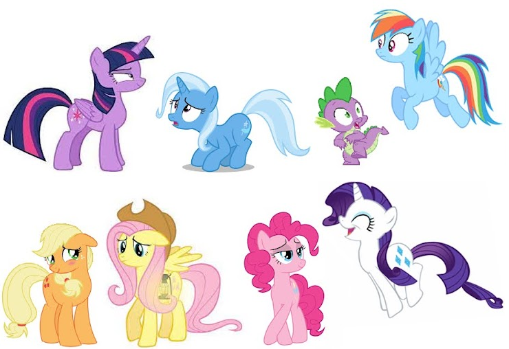 Size: 740x508 | Tagged: safe, derpibooru import, applejack, fluttershy, pinkie pie, rainbow dash, rarity, spike, trixie, twilight sparkle, twilight sparkle (alicorn), alicorn, dragon, earth pony, pegasus, unicorn, body swap, image, png, princess trixie sparkle