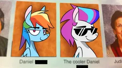 Size: 1452x816 | Tagged: safe, artist:rachel_morrigan, derpibooru import, rainbow dash, zipp storm, human, pegasus, pony, duo, g4, g5, image, irl, irl human, jpeg, meme, photo, ponified meme, sunglasses, the cooler daniel, yearbook, yearbook photo