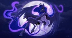 Size: 3677x1946 | Tagged: safe, artist:maybeweed, derpibooru import, princess luna, alicorn, anthro, unguligrade anthro, female, high res, image, moon, png, solo