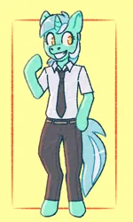 Size: 1229x2048 | Tagged: safe, artist:leon404, artist:purrtal2, derpibooru import, lyra heartstrings, semi-anthro, unicorn, clothes, grin, image, necktie, pants, png, shirt, simple background, smiling, solo, yellow background