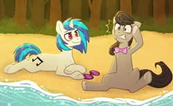 Size: 1280x789 | Tagged: safe, artist:leon404, artist:purrtal2, derpibooru import, octavia melody, vinyl scratch, earth pony, pony, unicorn, a tropical octav3, beach, belly, duo, forest, image, lying down, png, prone, sand, scared, sitting, tree, water