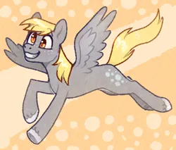 Size: 1280x1093 | Tagged: safe, artist:leon404, artist:purrtal2, derpibooru import, derpy hooves, pegasus, pony, abstract background, derp, flying, freckles, hooves, image, png, slim, smiling, solo, spread wings, thin, unshorn fetlocks, wings