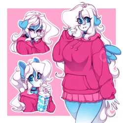 Size: 1228x1228 | Tagged: safe, artist:tolsticot, derpibooru import, oc, oc:icy heart, unofficial characters only, anthro, pegasus, clothes, eye clipping through hair, eyebrows, eyebrows visible through hair, female, floppy ears, hair over one eye, hoodie, image, looking at you, png, skirt, solo