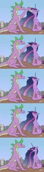 Size: 3662x14380 | Tagged: safe, artist:lightning bolty, derpibooru import, princess twilight 2.0, spike, twilight sparkle, twilight sparkle (alicorn), alicorn, dragon, pony, the last problem, building, cartoon physics, city, cityscape, colored, comic, concave belly, destruction, digestion without weight gain, ethereal mane, ethereal tail, feeding, female, flat colors, floppy ears, folded wings, gradient mane, gulp, hammerspace, hammerspace belly, height difference, high res, image, implied mass vore, long mane, looking at each other, looking at someone, macro, male, neck bulge, object vore, older, older twilight, png, rubble, shipping, signature, sitting, sky, slim, smiling, smiling at each other, starry mane, starry tail, sternocleidomastoid, straight, swallowing, tail, tall, thin, throat bulge, twispike, vore, wings