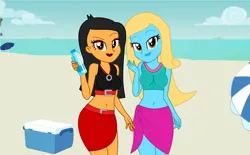 Size: 3824x2367 | Tagged: safe, artist:eli-j-brony, derpibooru import, oc, oc:ariel phantom, oc:shine, unofficial characters only, equestria girls, beach, belly button, bikini, bikini top, clothes, image, png, sarong, swimsuit, water bottle
