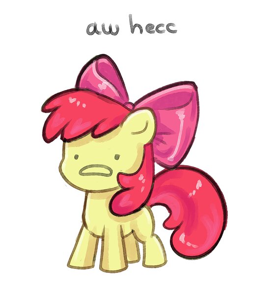 Size: 2121x2272 | Tagged: safe, artist:confetticakez, derpibooru import, apple bloom, earth pony, pony, apple bloom's bow, bow, female, filly, foal, hair bow, heck, image, jpeg, simple background, solo, text, white background