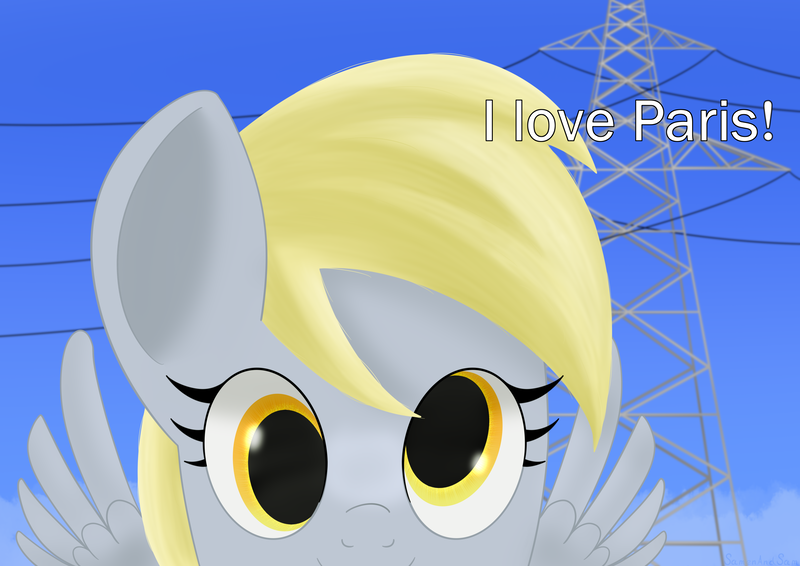 Size: 3508x2480 | Tagged: safe, artist:samenandsam, derpibooru import, derpy hooves, pegasus, pony, derpy being derpy, english, female, high res, image, looking at you, mare, meme, png, power line, simple background, smiling, solo, wings