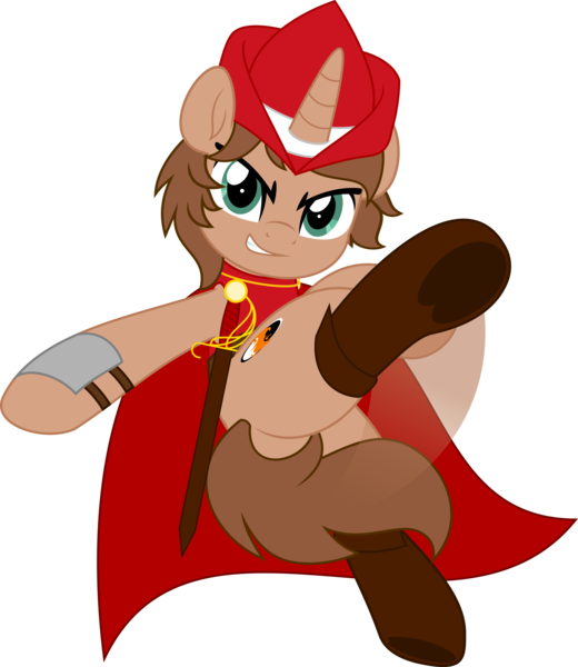 Size: 4336x5000 | Tagged: safe, artist:jhayarr23, derpibooru import, oc, oc:heroic armour, unofficial characters only, pony, unicorn, belt, boots, braces, cape, clothes, commission, hat, image, kicking, looking at you, male, png, rapier, red mage, shoes, simple background, stallion, sword, transparent background, weapon, ych result