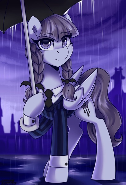 Size: 1600x2350 | Tagged: safe, artist:shadowreindeer, derpibooru import, inky rose, pegasus, crossover, eyebrows, eyebrows visible through hair, image, jpeg, looking at you, rain, solo, umbrella, wednesday addams