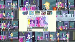 Size: 1280x722 | Tagged: safe, derpibooru import, editor:quoterific, applejack, fluttershy, rainbow dash, rarity, spike, spike the regular dog, dog, human, equestria girls, equestria girls series, street chic, spoiler:eqg series (season 2), applejack's hat, blue eyeshadow, clothes, cold, cowboy hat, dress, eyeshadow, female, grin, hat, image, jpeg, leaves, makeup, male, open mouth, open smile, shivering, smiling, snow, wind