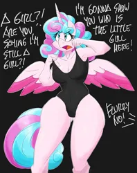 Size: 2000x2522 | Tagged: suggestive, artist:flutterthrash, derpibooru import, princess flurry heart, alicorn, anthro, breasts, cleavage, colored wings, dialogue, hips, horn, image, multicolored hair, offscreen character, older, older flurry heart, png, solo, spread wings, thighs, thunder thighs, two toned wings, undressing, unitard, wings