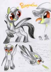 Size: 2812x4000 | Tagged: safe, artist:ja0822ck, derpibooru import, oc, ponified, unofficial characters only, bird, penguin, pony, female, filly, foal, food, hay, hayfish, image, jpeg, mare, traditional art