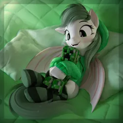 Size: 3840x3840 | Tagged: safe, artist:sgt.acey, derpibooru import, oc, unofficial characters only, bat pony, pony, 3d, clothes, comfy, creeper, cute, dragon wings, hoodie, hug, image, jpeg, looking at something, pillow, plushie, smiling, socks, solo, striped socks, wings