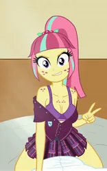 Size: 3000x4802 | Tagged: suggestive, artist:grapefruitfacebases, artist:sarahthefox97, derpibooru import, sour sweet, equestria girls, bare shoulders, bra, breasts, cleavage, clothes, image, jpeg, looking at you, offscreen character, peace sign, pov, underwear