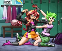 Size: 2450x2015 | Tagged: safe, artist:king-kakapo, derpibooru import, cherry crash, sunset shimmer, equestria girls, backpack, blood, boots, catfight, clothes, commission, female, fight, hair pulling, image, jacket, leather, leather jacket, locker room, lockers, nosebleed, png, punch, shoes, skirt, towel
