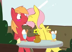 Size: 2292x1667 | Tagged: safe, artist:swomswom, derpibooru import, edit, big macintosh, fluttershy, earth pony, pegasus, pony, blush sticker, blushing, eyes closed, female, flower, fluttermac, food, ice cream, image, kiss on the cheek, kissing, male, mare, png, shipping, sitting, stallion, straight