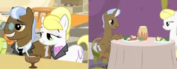 Size: 2008x786 | Tagged: safe, derpibooru import, edit, edited screencap, screencap, dainty dove, dane tee dove, fine print (character), justah bill, tall order, earth pony, pony, unicorn, amending fences, the cutie mark chronicles, bedroom eyes, broccoli, carrot, chair, collar, comparison, cropped, cup, daintyorder, female, food, glasses, image, male, mare, necktie, png, potato, shipping, smiling, stallion, straight, straw, table