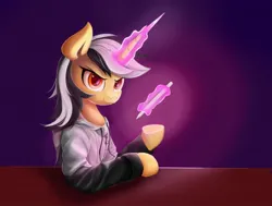 Size: 1747x1320 | Tagged: safe, artist:行豹cheetahspeed, derpibooru import, oc, oc:autumn trace, unofficial characters only, pony, unicorn, black and white, clothes, glow, glowing eyes, glowing horn, grayscale, horn, image, jpeg, looking at you, magic, magic aura, monochrome, orange eyes, pen, telekinesis, unicorn oc, yellow skin