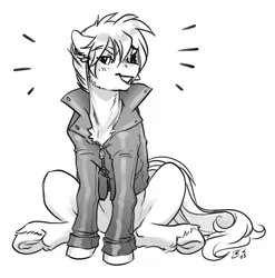 Size: 3587x3627 | Tagged: safe, artist:opalacorn, derpibooru import, oc, unofficial characters only, earth pony, pony, black and white, chest fluff, clothes, commission, grayscale, grin, image, jacket, jpeg, leather, leather jacket, male, monochrome, sitting, smiling, solo, stallion