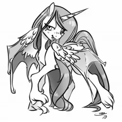 Size: 2048x2048 | Tagged: safe, artist:opalacorn, derpibooru import, oc, oc:bedazzling diamond, unofficial characters only, alicorn, bat pony, bat pony alicorn, pony, bat pony oc, bat wings, black and white, canon x oc, female, grayscale, head tilt, horn, hybrid wings, image, jpeg, looking at you, mare, monochrome, simple background, solo, unshorn fetlocks, white background, wings