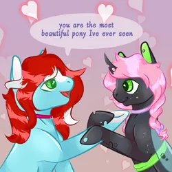 Size: 1500x1500 | Tagged: safe, artist:lebalisa, derpibooru import, oc, oc:oculus, oc:peppermint, unofficial characters only, changeling, earth pony, pony, couple, female, heart, holding hoof, holding hooves, image, lesbian, looking at each other, looking at someone, love, mare, married couple, oc x oc, png, shipping, speech bubble, two toned mane
