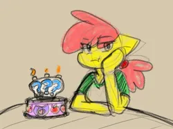 Size: 1104x825 | Tagged: safe, artist:zutcha, derpibooru import, apple bloom, anthro, earth pony, unguligrade anthro, birthday cake, cake, clothes, food, hair wrap, hoof on cheek, image, jpeg, older, question mark, shirt, solo, t-shirt, teenage apple bloom