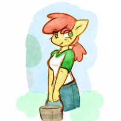 Size: 777x777 | Tagged: safe, artist:zutcha, derpibooru import, apple bloom, anthro, earth pony, bucket, clothes, denim, freckles, hair wrap, image, jeans, older, pants, png, shirt, smiling, solo, t-shirt, teenage apple bloom, wrong eye color