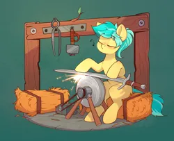Size: 2016x1634 | Tagged: safe, artist:rexyseven, derpibooru import, oc, oc:karoline skies, unofficial characters only, earth pony, pony, green background, grindstone, hammer, hay bale, image, png, sharpening, simple background, solo, sword, tongs, weapon
