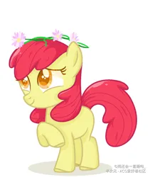 Size: 952x1128 | Tagged: safe, artist:雨还会一直砸吗_, derpibooru import, apple bloom, earth pony, pony, female, filly, floral head wreath, flower, foal, headband, image, png, raised hoof, simple background, smiling, solo, white background