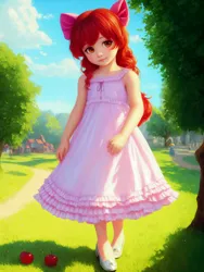 Size: 1536x2048 | Tagged: safe, derpibooru import, machine learning generated, stable diffusion, apple bloom, human, apple, clothes, dress, food, grass, humanized, image, outdoors, pink dress, png, smiling, solo, tree