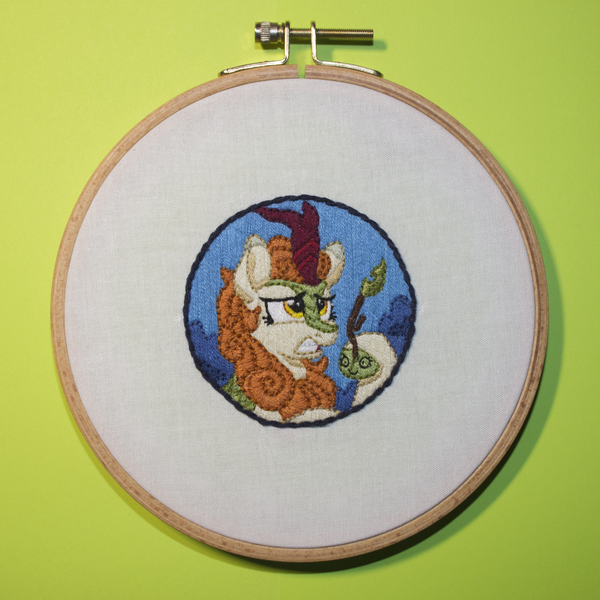 Size: 3337x3337 | Tagged: safe, artist:selenophile, derpibooru import, autumn blaze, kirin, sounds of silence, autumn blaze's puppet, embroidery, image, leaf, png, twig