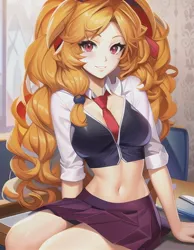 Size: 512x660 | Tagged: suggestive, derpibooru import, editor:sammykun, machine learning generated, novelai, stable diffusion, adagio dazzle, equestria girls, breasts, busty adagio dazzle, clothes, curls, curly hair, desk, female, female focus, image, jpeg, long hair, looking at you, midriff, necktie, reasonably sized breasts, rubber band, school uniform, sexy, sitting, skirt, smiling, solo, solo female, solo focus, wallpaper, white shirt