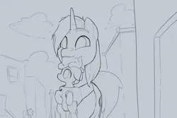 Size: 1800x1200 | Tagged: safe, artist:storyteller, derpibooru import, oc, oc:hard boiled, oc:omelette, earth pony, pony, unicorn, baby, baby carrier, baby pony, cute, floppy ears, foal, image, monochrome, png, sketch, smiling
