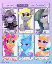 Size: 1669x2048 | Tagged: safe, artist:saphypone, derpibooru import, derpy hooves, inky rose, marble pie, somnambula, sunny starscout, trixie, earth pony, pegasus, pony, unicorn, female, g5, image, jpeg, mare