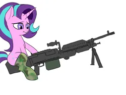 Size: 900x675 | Tagged: safe, artist:slamjam, derpibooru import, starlight glimmer, pony, unicorn, clothes, female, gun, image, jpeg, m240, mare, socks, solo, thigh highs, weapon