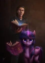 Size: 1600x2223 | Tagged: safe, artist:zetamad, derpibooru import, twilight sparkle, twilight sparkle (alicorn), alicorn, human, unicorn, book, commission, glow, glowing horn, horn, image, magic, magic aura, png, telekinesis