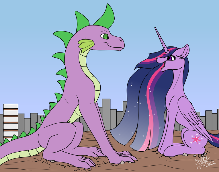 Size: 3662x2876 | Tagged: safe, artist:lightning bolty, derpibooru import, princess twilight 2.0, spike, twilight sparkle, twilight sparkle (alicorn), alicorn, dragon, pony, the last problem, cartoon physics, city, cityscape, colored, colored belly, concave belly, cracked ground, cracks, cute, duo, ear fluff, ethereal mane, ethereal tail, eyelashes, female, flat colors, floppy ears, folded wings, gradient mane, hammerspace, hammerspace belly, happy, high res, image, implied mass vore, long mane, looking at each other, looking at someone, macro, male, older, older spike, older twilight, open mouth, open smile, png, rubble, ruined city, scaled underbelly, scenery, shipping, signature, sitting, sky, slim, slit pupils, smiling, smiling at each other, starry mane, starry tail, sternocleidomastoid, straight, striped mane, striped tail, tail, tall, thin, twispike, wall of tags, wings