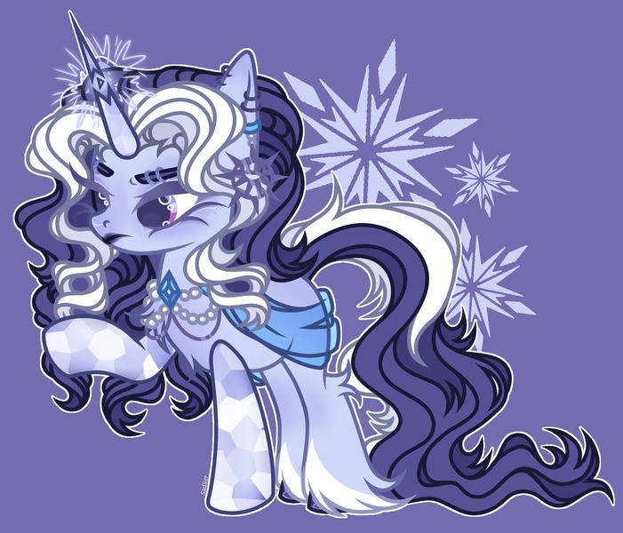 Size: 1280x1095 | Tagged: safe, artist:justsadluna, derpibooru import, oc, unofficial characters only, pony, unicorn, ear piercing, earring, eyelashes, female, hoof fluff, horn, horn ring, image, jewelry, jpeg, mare, necklace, pearl necklace, piercing, purple background, raised hoof, ring, simple background, solo, unicorn oc