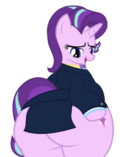 Size: 4600x6019 | Tagged: suggestive, artist:duskyzombie, derpibooru import, starlight glimmer, pony, unicorn, absurd resolution, bedroom eyes, belly, bipedal, both cutie marks, bottom heavy, bowtie, butt, chubby, clothes, cute, extra thicc, female, glimmer glutes, glimmerbetes, hoof on hip, image, large butt, lidded eyes, looking back, mare, open mouth, plot, plump, png, simple background, smiling, solo, suit, the ass was fat, thick, thighs, thunder thighs, transparent background, vector, wide hips