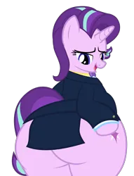 Size: 4600x6019 | Tagged: suggestive, artist:duskyzombie, derpibooru import, starlight glimmer, pony, unicorn, absurd resolution, bedroom eyes, belly, bipedal, both cutie marks, bottom heavy, bowtie, butt, chubby, clothes, cute, extra thicc, female, glimmer glutes, glimmerbetes, hoof on hip, image, large butt, lidded eyes, looking back, mare, open mouth, plot, plump, png, simple background, smiling, solo, suit, the ass was fat, thick, thighs, thunder thighs, transparent background, vector, wide hips
