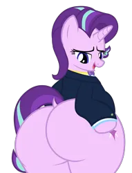 Size: 4600x6019 | Tagged: suggestive, alternate version, artist:duskyzombie, derpibooru import, starlight glimmer, pony, unicorn, absurd resolution, bedroom eyes, belly, bipedal, both cutie marks, bottom heavy, bowtie, butt, chubby, clothes, cute, extra thicc, female, glimmer glutes, glimmerbetes, hoof on hip, image, large butt, lidded eyes, looking back, mare, open mouth, plot, plump, png, simple background, smiling, solo, suit, the ass was fat, thick, thighs, thunder thighs, transparent background, vector, wide hips