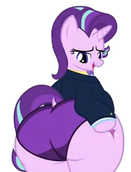 Size: 4600x6019 | Tagged: suggestive, alternate version, artist:duskyzombie, derpibooru import, starlight glimmer, pony, unicorn, absurd resolution, bedroom eyes, belly, bipedal, both cutie marks, bottom heavy, bowtie, butt, chubby, clothes, cute, extra thicc, female, glimmer glutes, glimmerbetes, hoof on hip, image, large butt, lidded eyes, looking back, mare, open mouth, plot, plump, png, simple background, smiling, solo, suit, the ass was fat, thick, thighs, thunder thighs, transparent background, underwear, vector, wide hips