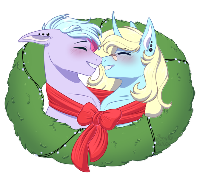 Size: 1100x1000 | Tagged: safe, artist:purplegrim40, derpibooru import, oc, unofficial characters only, earth pony, pony, unicorn, blushing, bust, clothes, commission, ear piercing, earth pony oc, eyes closed, grin, horn, image, oc x oc, piercing, png, scarf, shared clothing, shared scarf, shipping, simple background, smiling, transparent background, unicorn oc, ych result