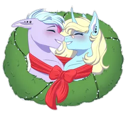 Size: 1100x1000 | Tagged: safe, artist:purplegrim40, derpibooru import, oc, unofficial characters only, earth pony, pony, unicorn, blushing, bust, clothes, commission, ear piercing, earth pony oc, eyes closed, grin, horn, image, oc x oc, piercing, png, scarf, shared clothing, shared scarf, shipping, simple background, smiling, transparent background, unicorn oc, ych result