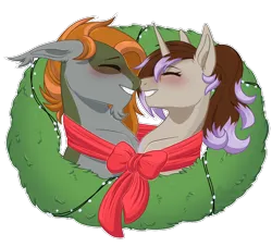 Size: 1100x1000 | Tagged: safe, artist:purplegrim40, derpibooru import, oc, unofficial characters only, earth pony, pony, unicorn, blushing, bust, clothes, commission, earth pony oc, eyes closed, floppy ears, grin, horn, image, oc x oc, png, scarf, shared clothing, shared scarf, shipping, simple background, smiling, transparent background, unicorn oc, ych result