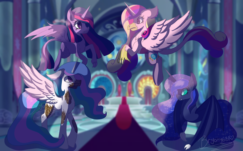 Size: 3637x2260 | Tagged: safe, artist:brybrychan, derpibooru import, princess cadance, princess celestia, princess luna, twilight sparkle, twilight sparkle (alicorn), alicorn, bat pony, changeling, dragon, gryphon, hybrid, original species, pony, timber pony, timber wolf, alicorn tetrarchy, alternate design, colored, concave belly, flying, image, indoors, lighting, physique difference, png, shading, slim, species swap, thin, transformation