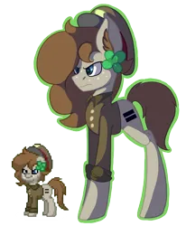 Size: 1036x1256 | Tagged: safe, artist:brybrychan, derpibooru import, oc, earth pony, pony, pony town, clothes, duo, earth pony oc, equal cutie mark, flower, flower in hair, frown, hat, image, long legs, png, simple background, tall, transparent background